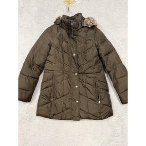 London Fog Jacket Womens Medium Olive Hooded Puffer Faux Fur Trim Quilted‎ Parka